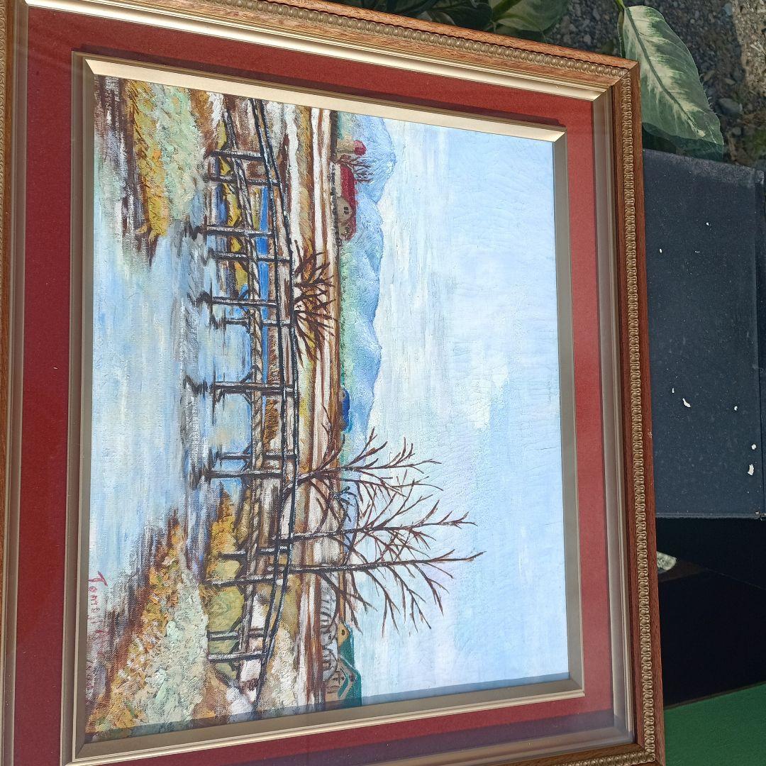 風景 油彩画 赤色フレーム