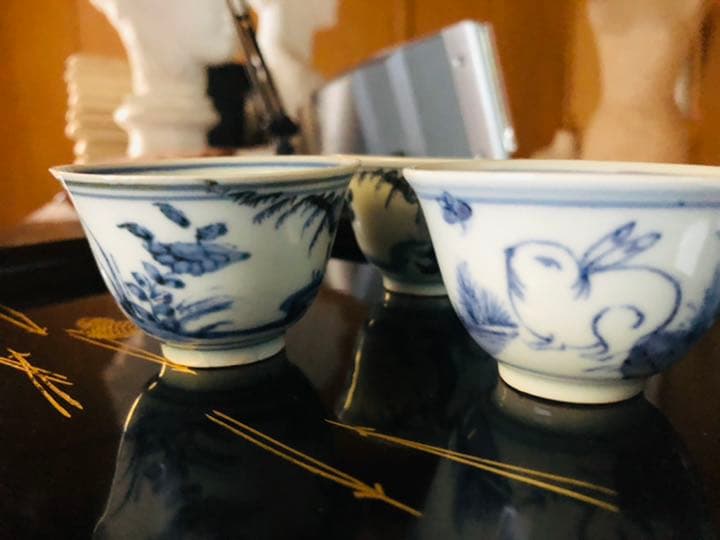 骨董品　染付　⬜︎福　うさぎ　兎図　柳図　三客　茶器　ぐい呑　時代物