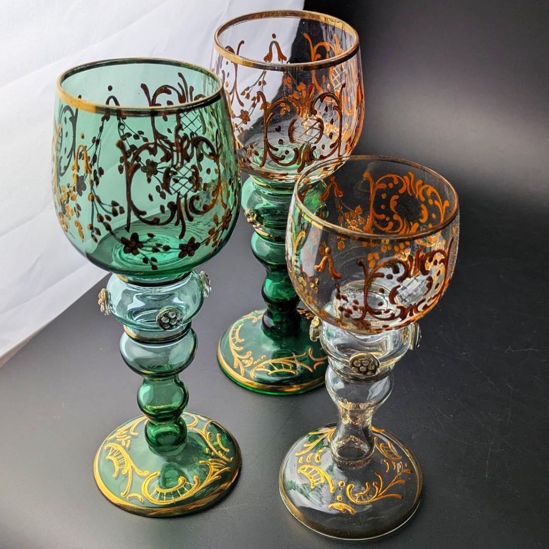 モーゼル金彩ルネサンス調ゴブレット3客 希少ヴィンテージ ボヘミア皇室御用達美品