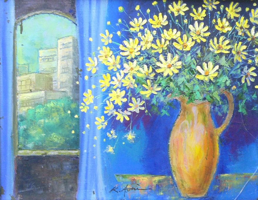 絵画 油絵 青木今陽 肉筆油絵 黄色い花と花瓶