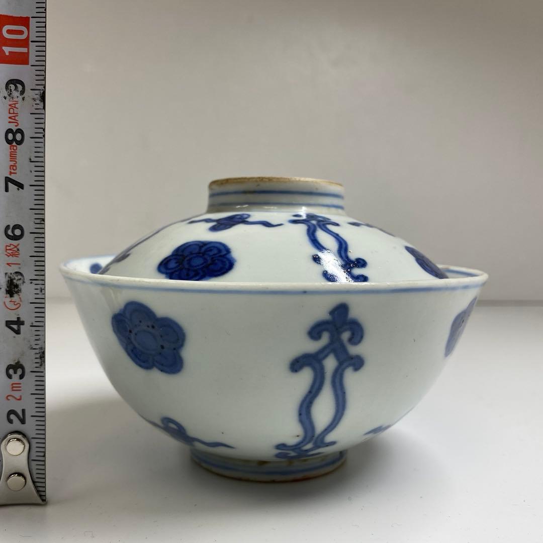 専用中国明末清朝時新渡青花蓋茶碗9客と身1点　木箱　東Y7-0303☆2Fトニカ