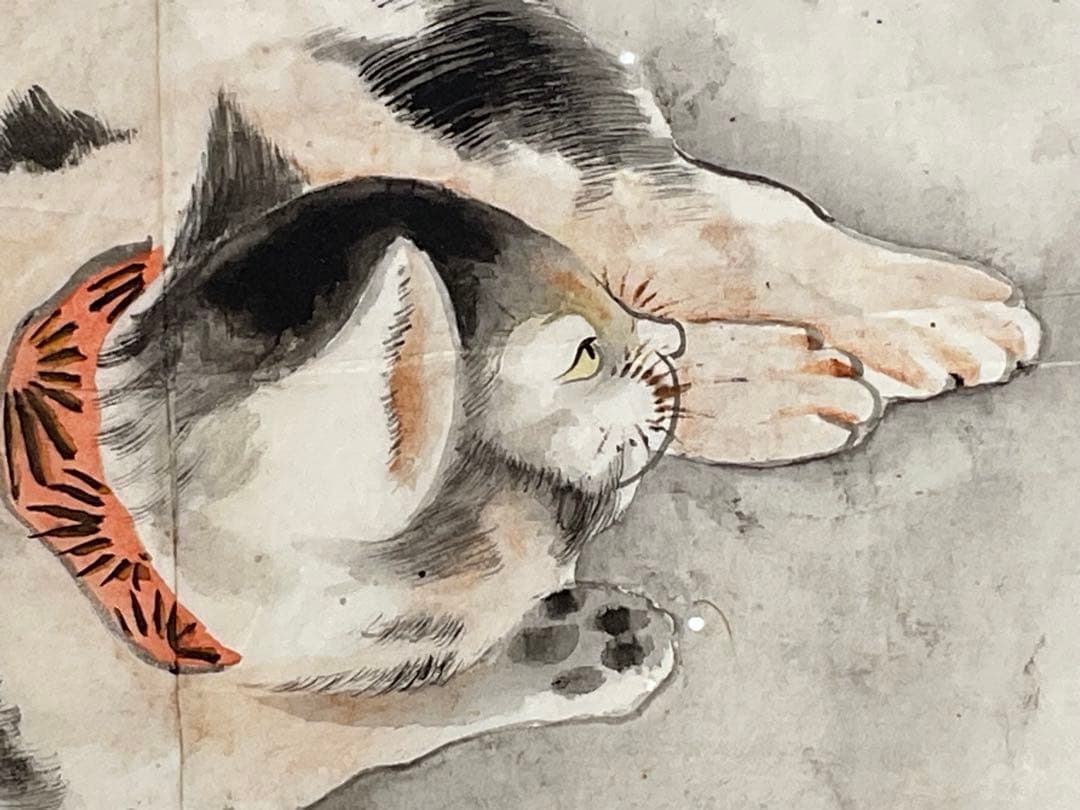 虹外筆　猫と蝶　ネコ　日本画　額入り