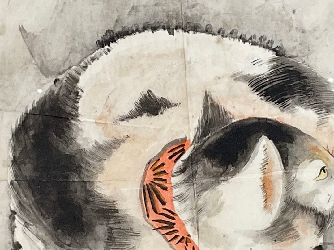 虹外筆　猫と蝶　ネコ　日本画　額入り