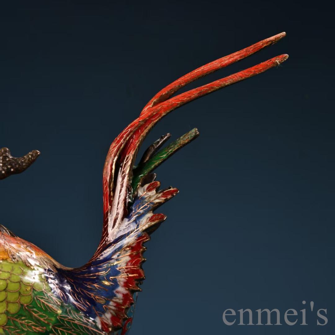 中国古美術 旧蔵 七宝焼き 琺瑯 景泰藍 公鶏一対 純銅 高浮彫鏨刻 細工 置物