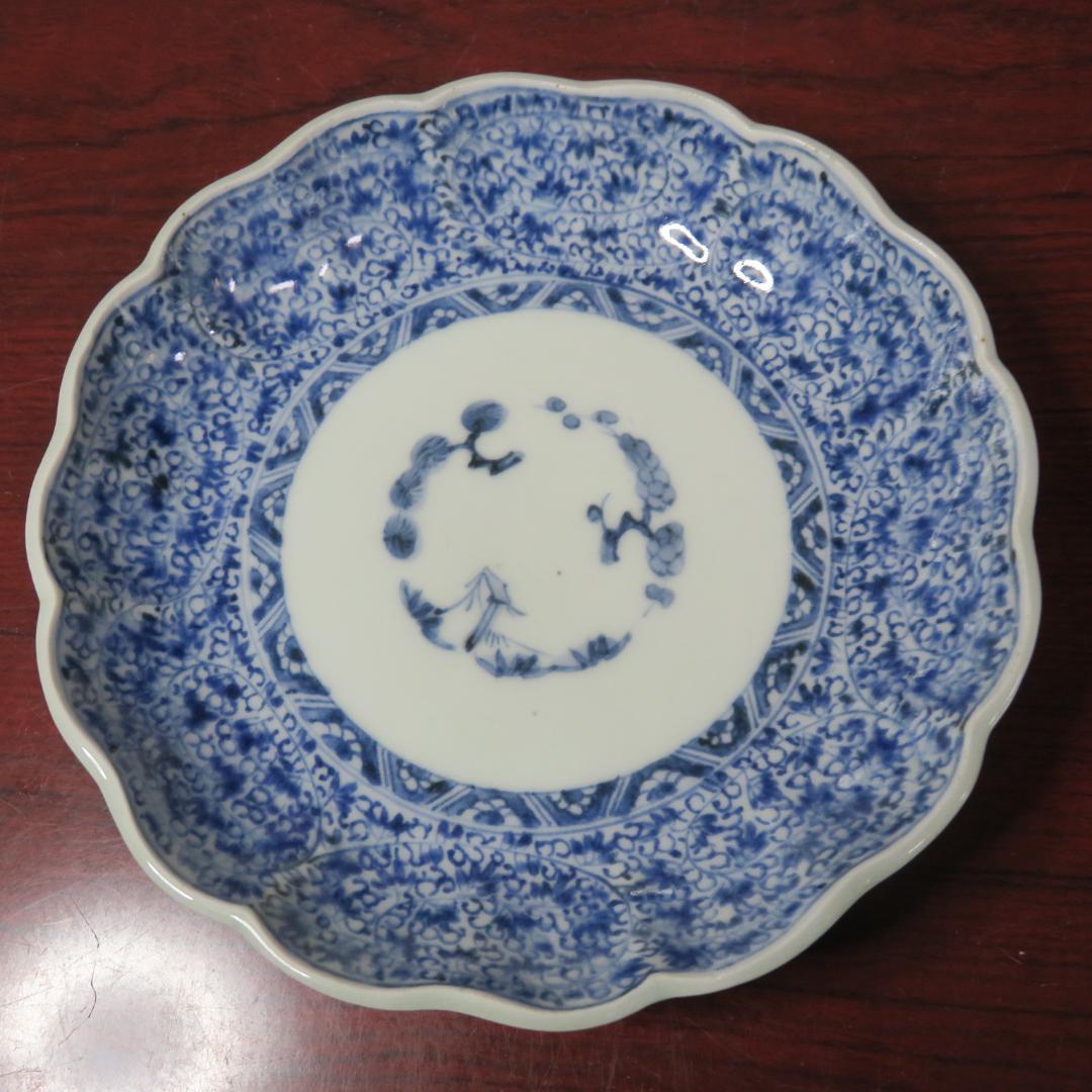 皿 2枚 なます皿 微塵唐草 染付 松竹梅 冨貴長春 窯傷 江戸