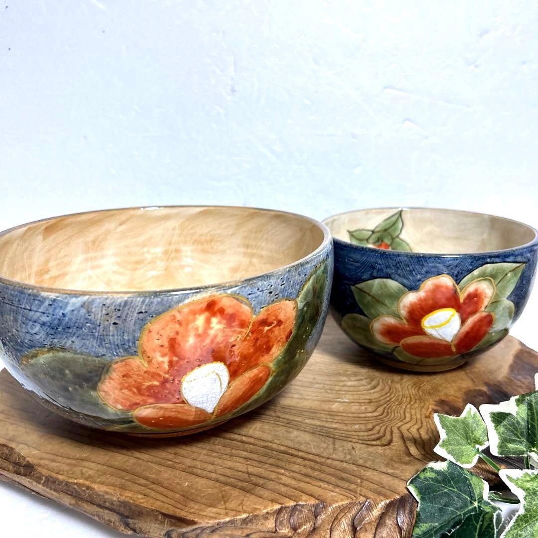 未使用　清水焼　京焼 土渕陶葊　陶あん　陶葊窯 絵付け　椿柄　大鉢　菓子鉢　茶道