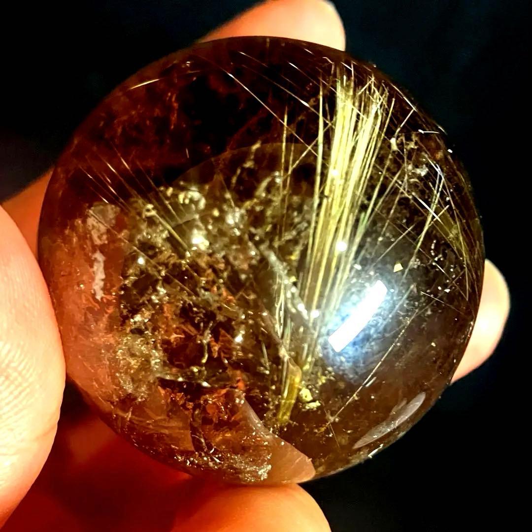 42mm 虹入りゴールドルチルクォーツ　丸玉　スフィア　金針水晶