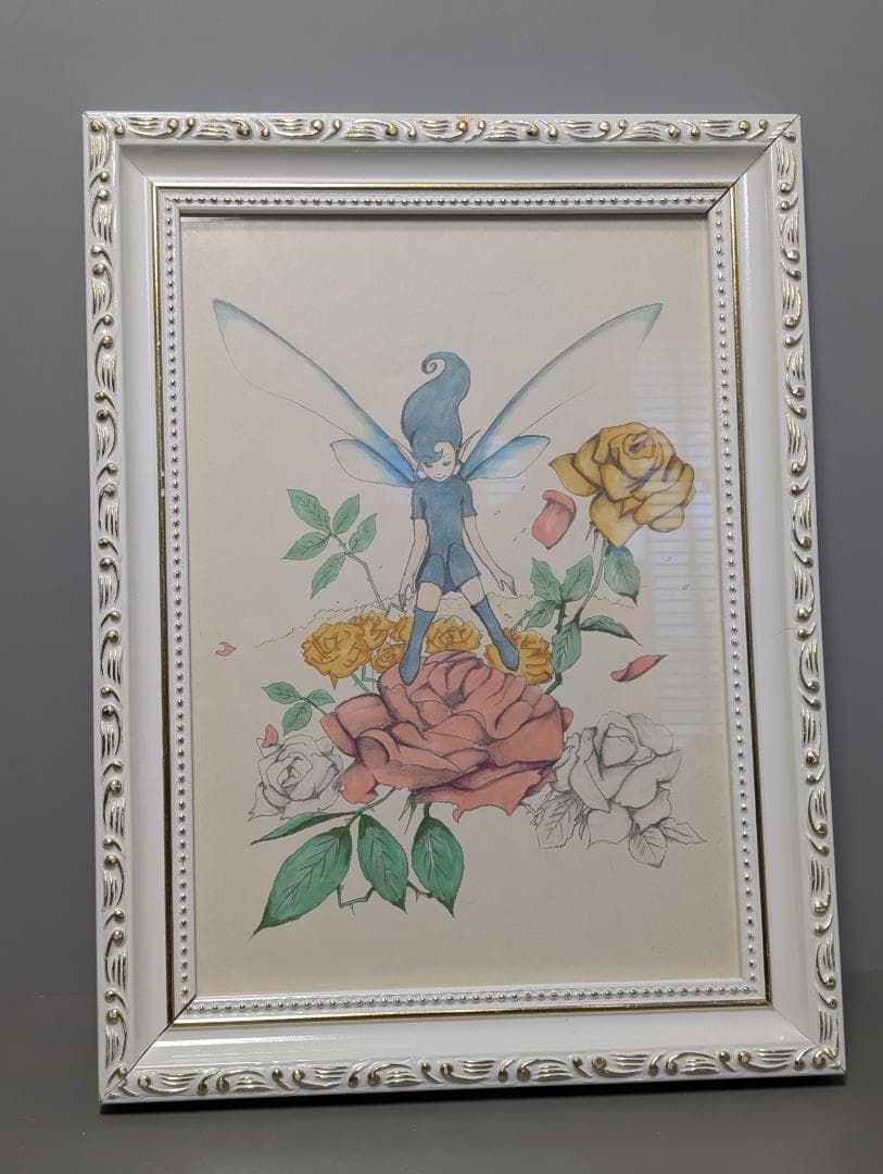 【美品・額装付き】幻想アート作品／妖精とバラのイラスト