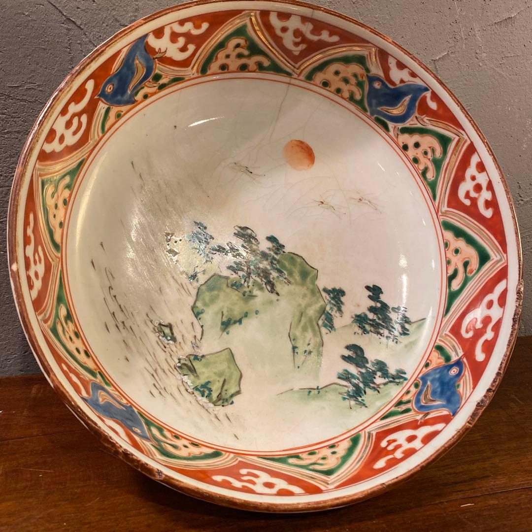 時代物 骨董品 九谷焼 21.5cm鉢 赤絵 皿 器 コレクション 稀少