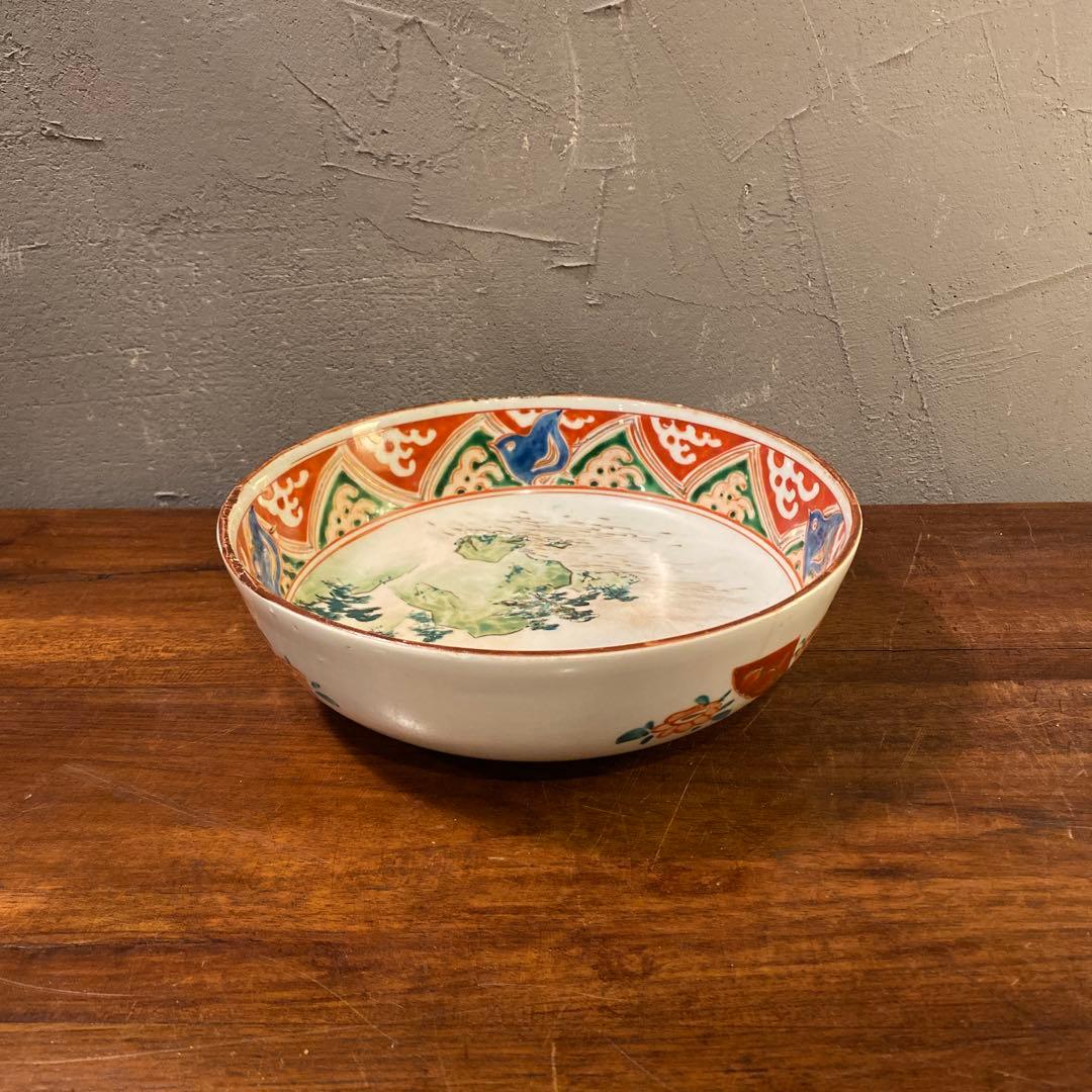 時代物 骨董品 九谷焼 21.5cm鉢 赤絵 皿 器 コレクション 稀少