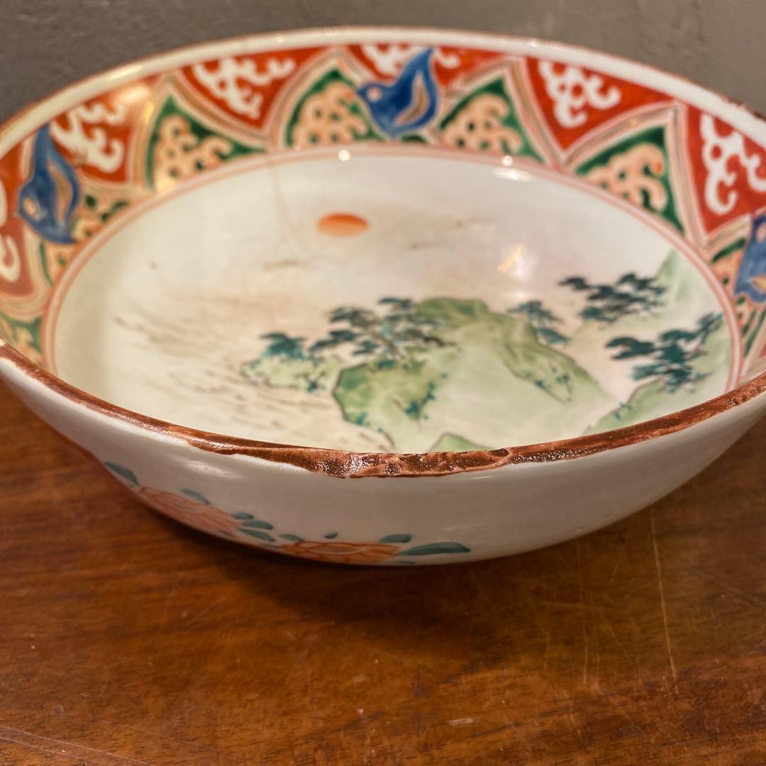 時代物 骨董品 九谷焼 21.5cm鉢 赤絵 皿 器 コレクション 稀少