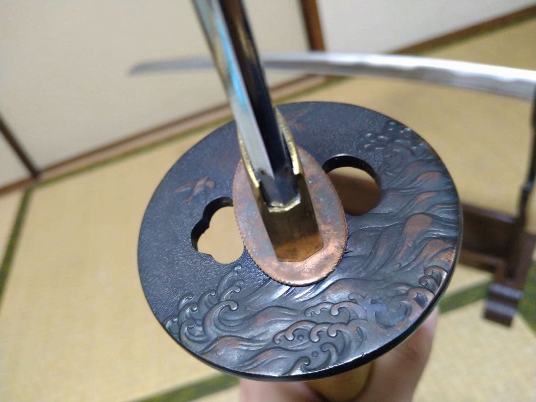 居合刀　大刀　小刀　2本セット　刀掛け付き　漆塗り鞘　鉄製鍔