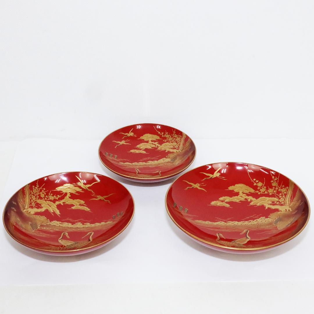 時代漆器 朱漆塗 鶴亀山水 松竹梅 縁起物 蒔絵 三ツ重盃 木製