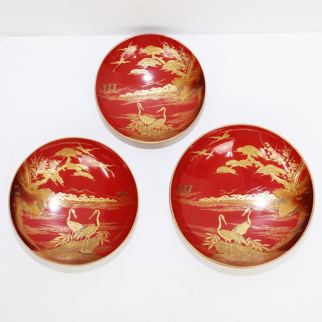 時代漆器 朱漆塗 鶴亀山水 松竹梅 縁起物 蒔絵 三ツ重盃 木製