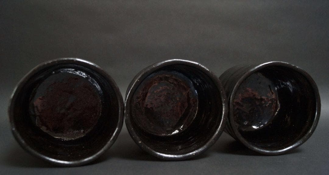 茶道具 大正期平安三国丹祐作 黒楽筒火入(3客)香炉★時代物★4D1228