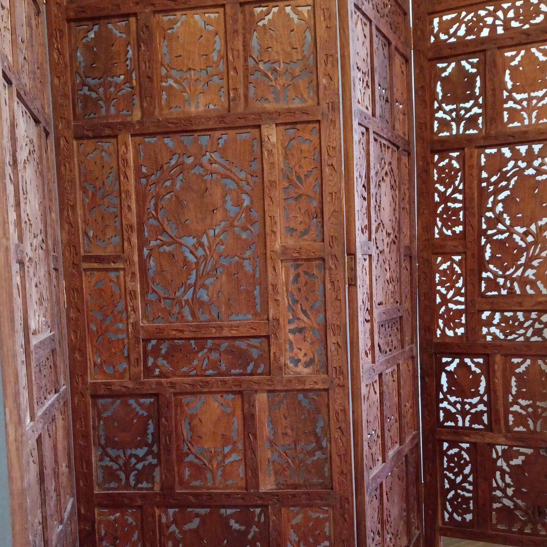 アンティク アジアン手彫り屏風工芸品