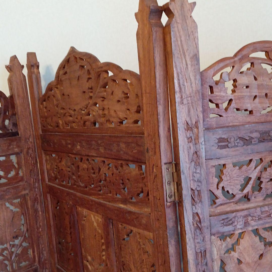 アンティク アジアン手彫り屏風工芸品