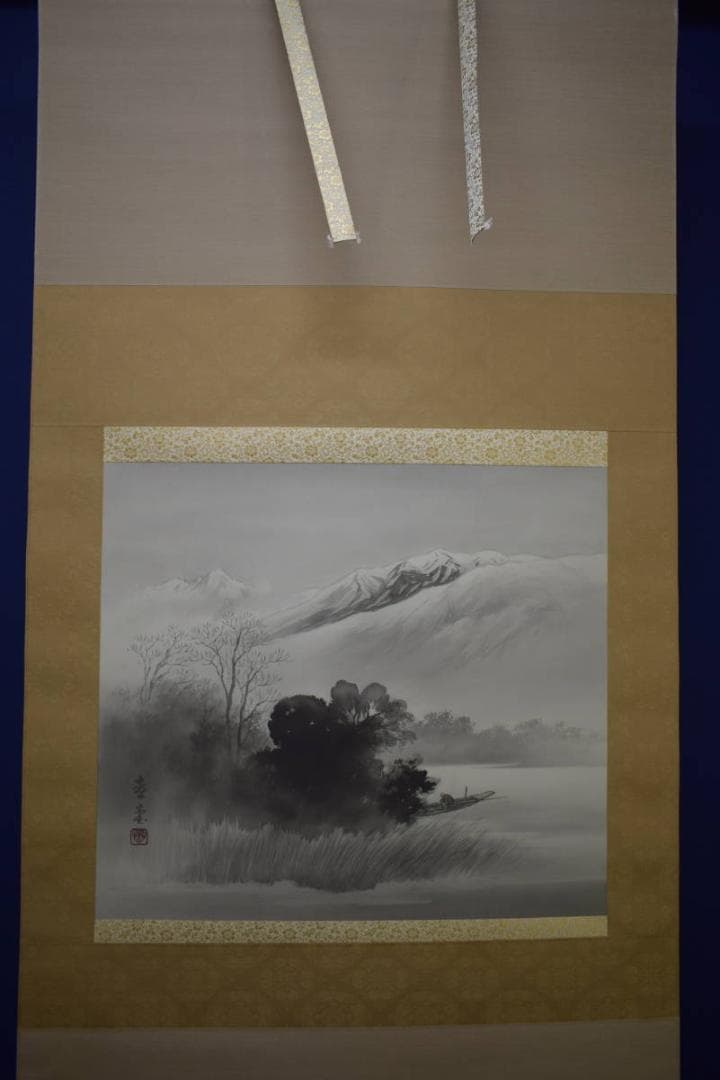真作/春堂/水墨山水図/横物/桐共箱付/布袋屋掛軸HJ-25
