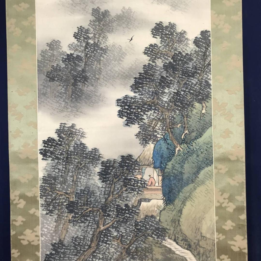 【真作】赤松雲嶺/山亭時鳥図/青緑山水人物図/掛軸☆宝船☆AB-584