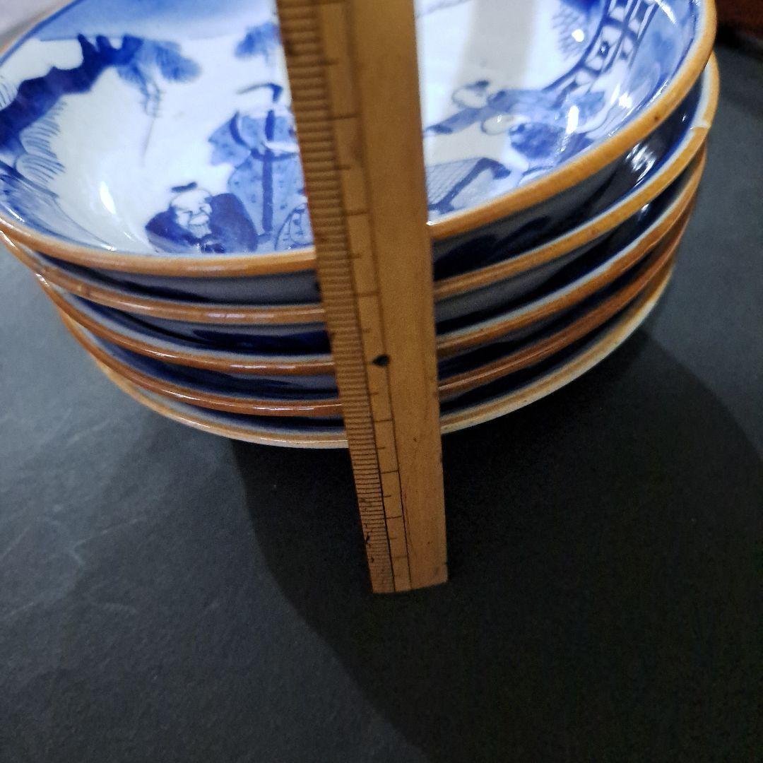 中国古玩　大清成化年　取皿　　山水人物図　染付青磁　五客セット