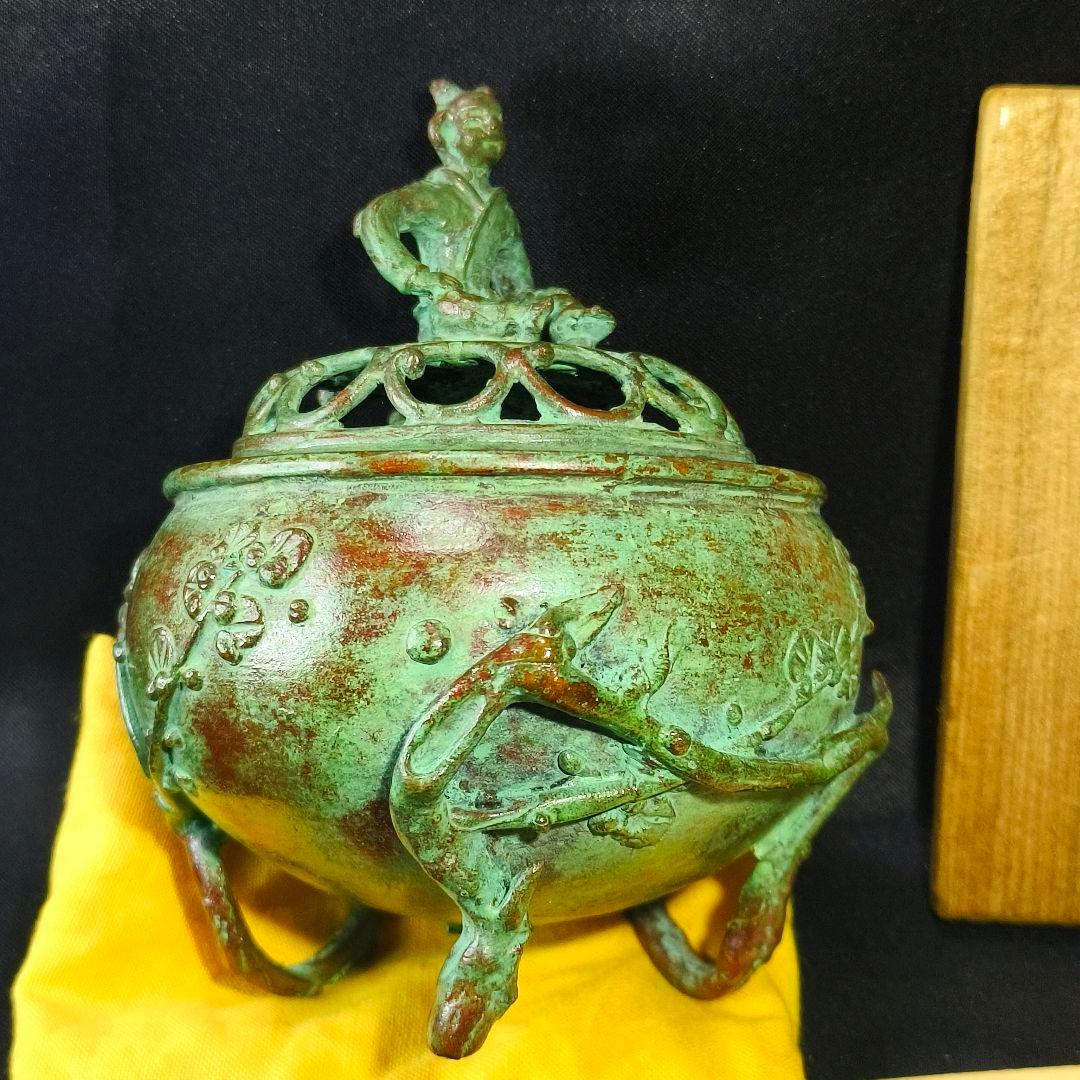 高岡銅器 須賀七郎作 月芳 蝋型鋳銅 香炉 唐子蓋梅文 共箱 証書 栞 時代物