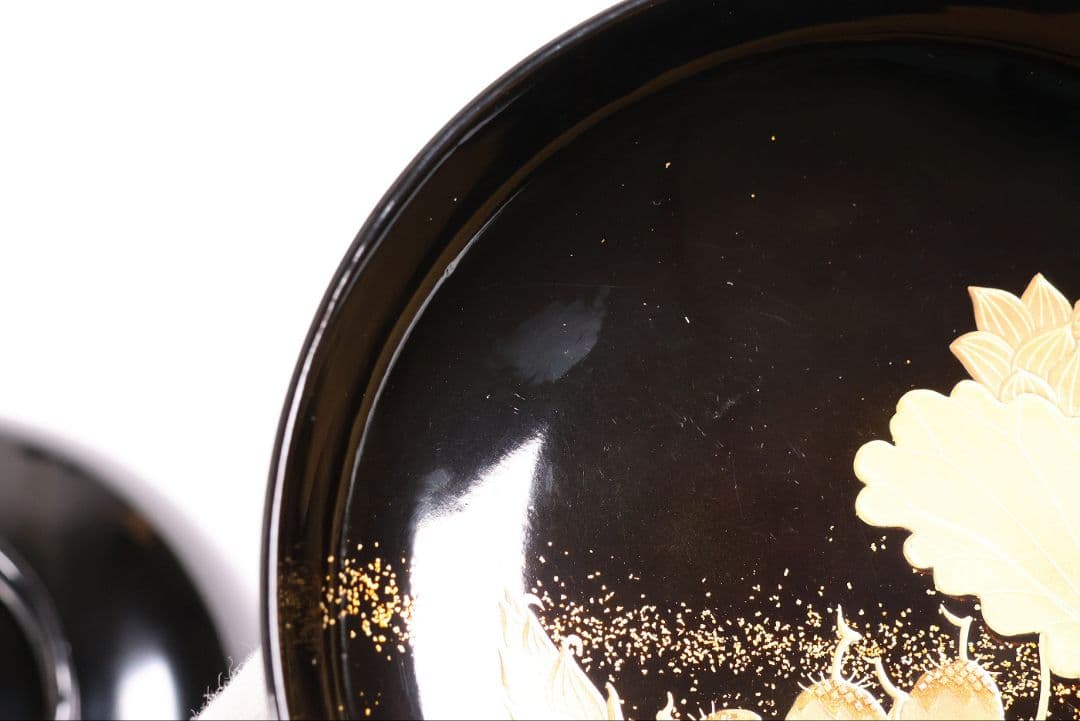 【CM412】天然木漆塗 加賀蒔絵 蓮と野菜金蒔絵 黒煮物椀 三客 漆器 昭和期