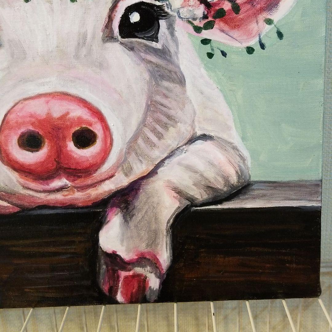 油絵　専用　頭に花をのせた豚