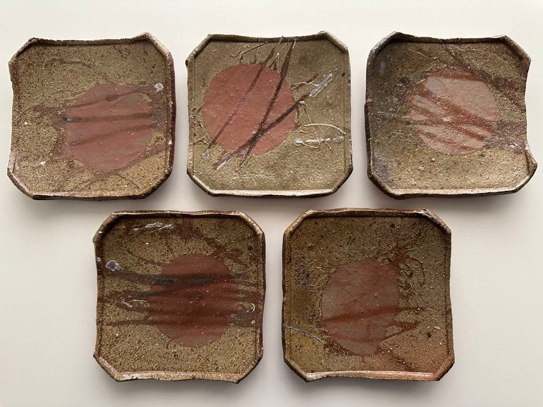 堀江英城 備前 四方皿 5枚 牡丹餅 緋襷 共箱