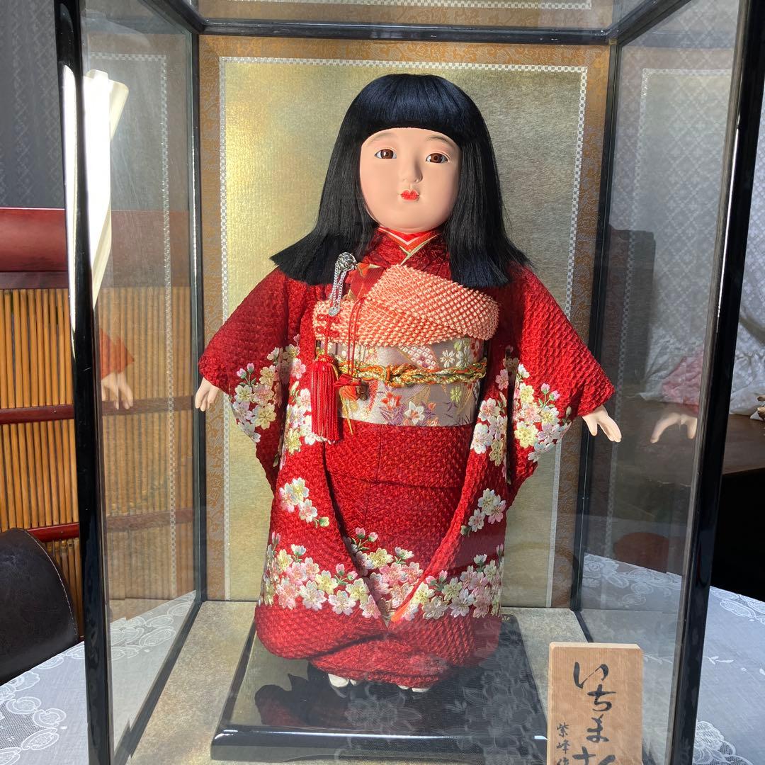 市松人形 ガラスケース入り 赤地桜着物 銘札あり