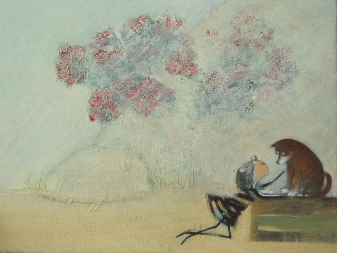 油絵 菅家令子 絵 絵画インテリア額付(白) uF6-071619 子犬と女の子