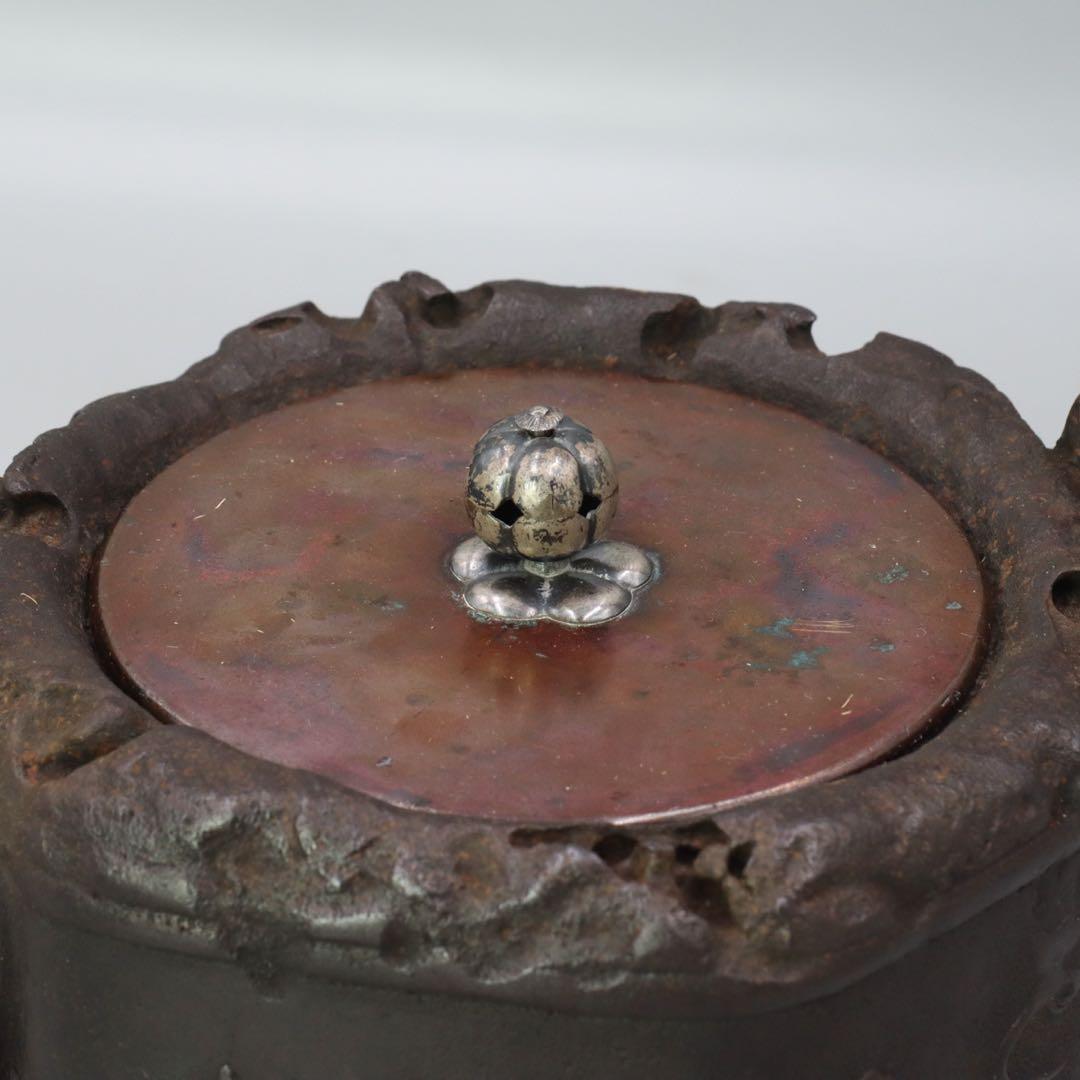 光玉堂 大國寿朗造 銀梅摘 花鳥紋漢詩図鉄瓶 唐銅蓋