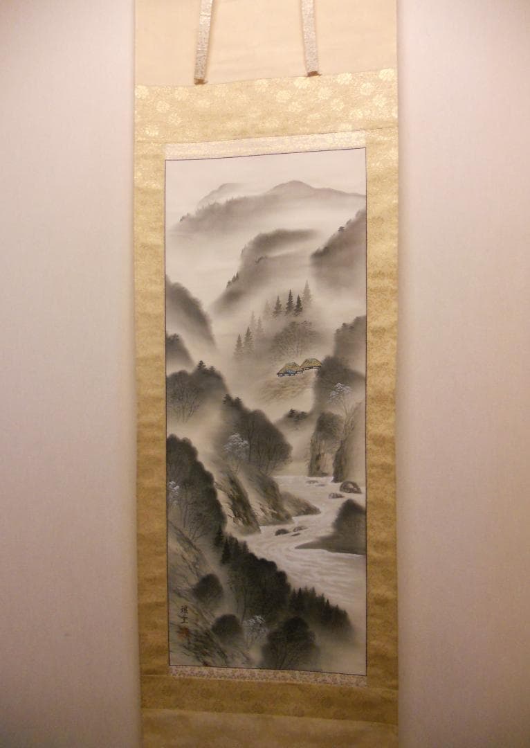 掛け軸 雅堂 彩色山水 中島清堂 識箱 絹本 希少 軸装 茶道具 掛軸 美品