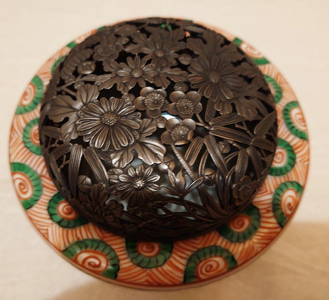 四代三浦竹泉 赤絵 香炉 純銀火屋 松興堂 金彩 四君子 アンティーク