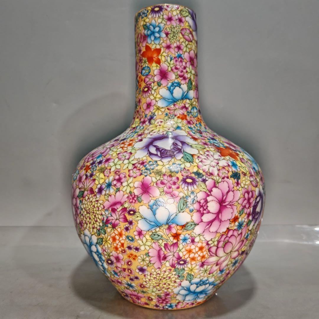 旧家蔵出　清国時代　大型　雍正｜粉彩｜胭脂紅｜万花｜天球瓶 逸品　置物