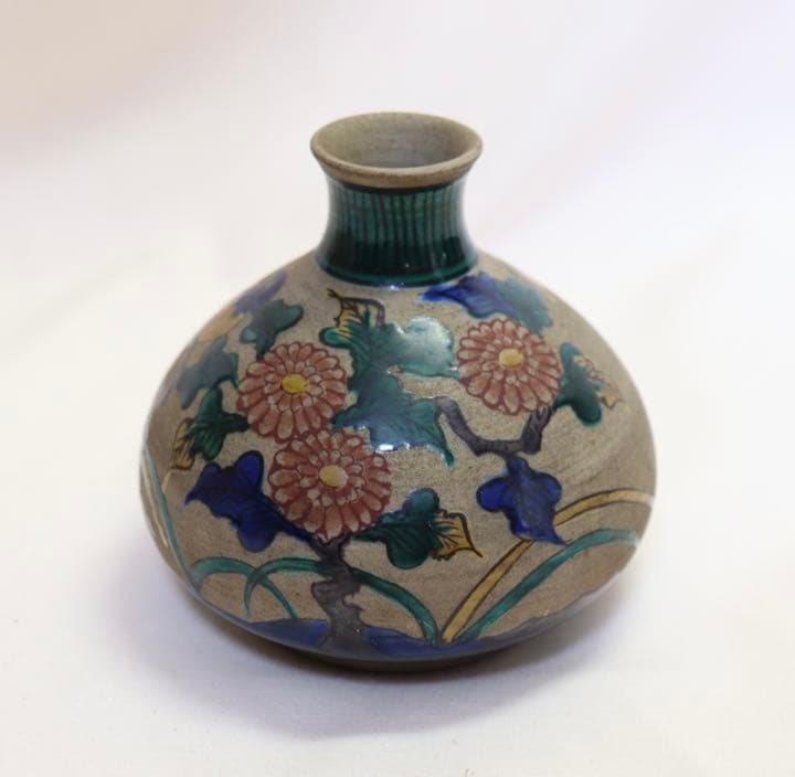 明治期　九谷焼　青手花生　アンティーク　共箱0806