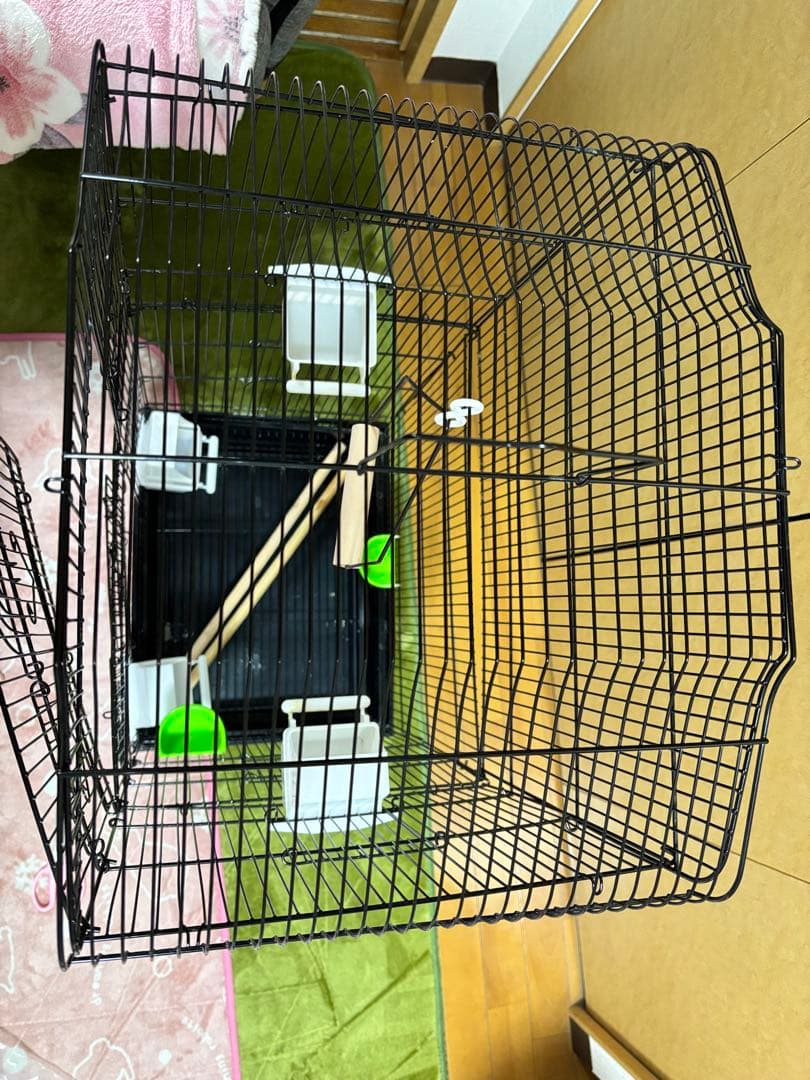 中型黒鳥かご、止まり木・餌入れ付き