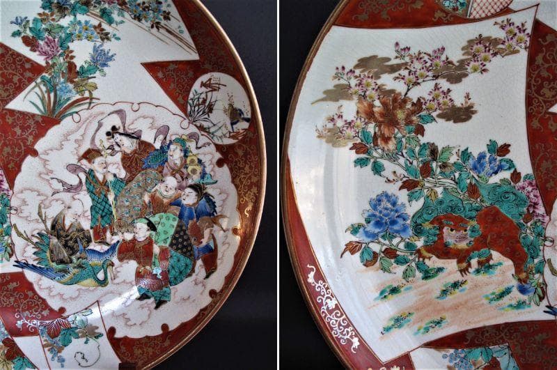 大幅値下‼️明治九谷『色絵金襴手 唐獅子牡丹に七福神図 大皿』 里帰り品 径34㎝