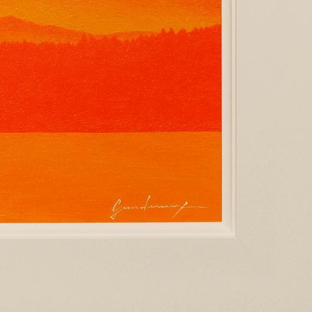 ●『西湖から陽色に染まる朝日の富士山』がんどうあつし油絵原画F4額付オレンジ山吹