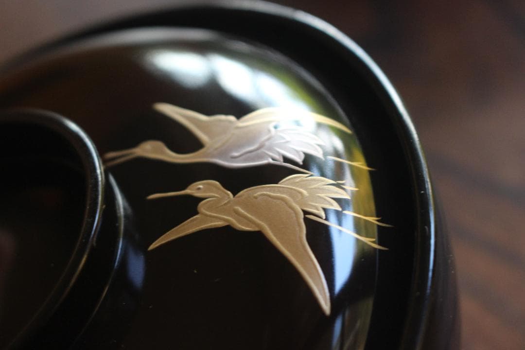 時代逸品！時代黒漆に優美な鶴遠山蒔絵の映える煮物椀2点（検蒔絵椀加賀蒔絵雑煮椀