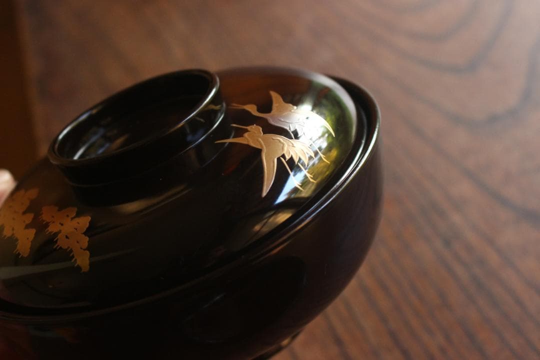 時代逸品！時代黒漆に優美な鶴遠山蒔絵の映える煮物椀2点（検蒔絵椀加賀蒔絵雑煮椀