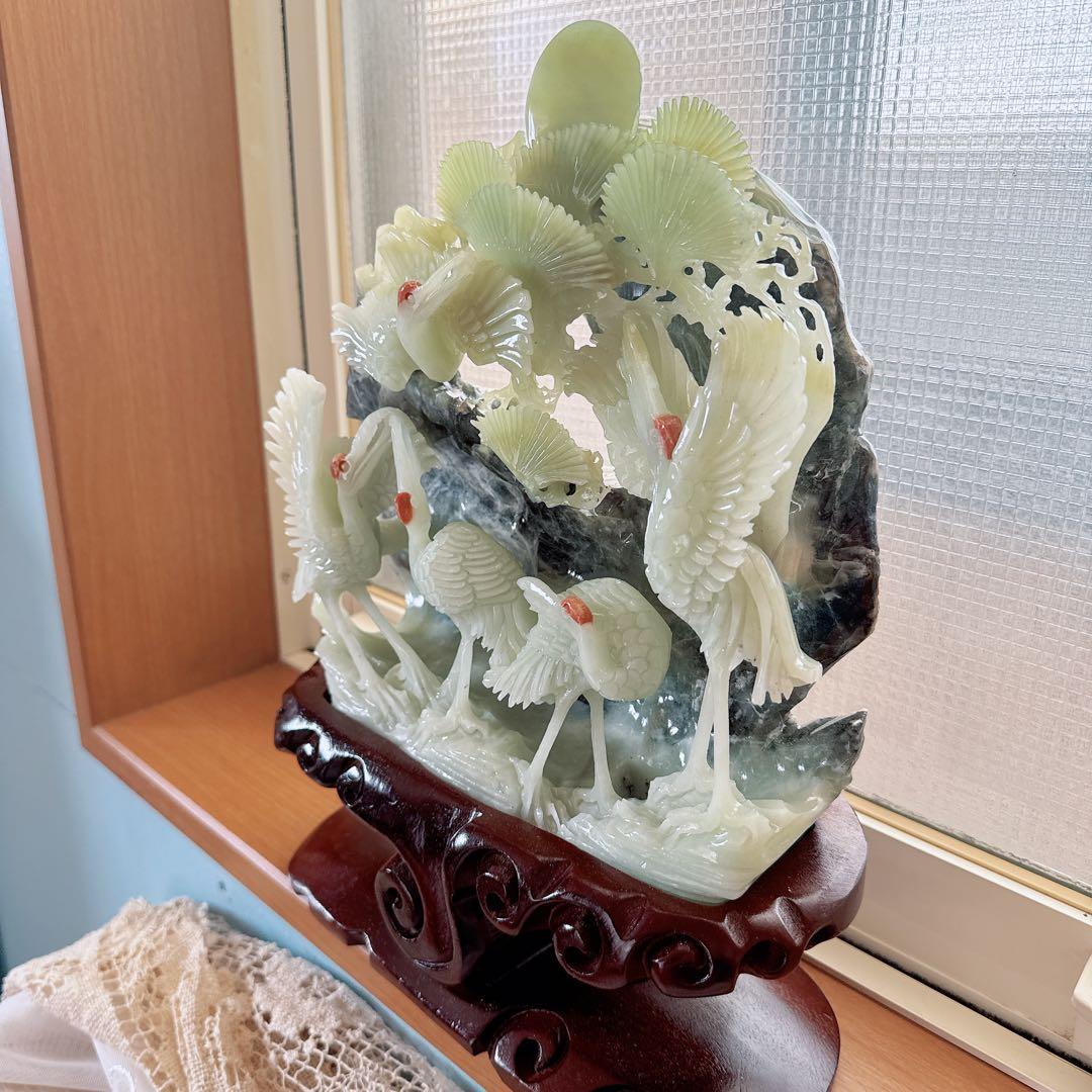 天然石★アフガニスタン玉石★鶴の彫刻★置物★美術品★台座付き