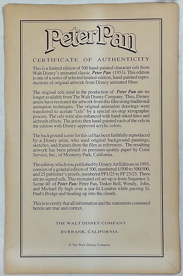 【ディズニー限定セル画】ピーターパン ティンカーベル 証明書付きの大人気作品