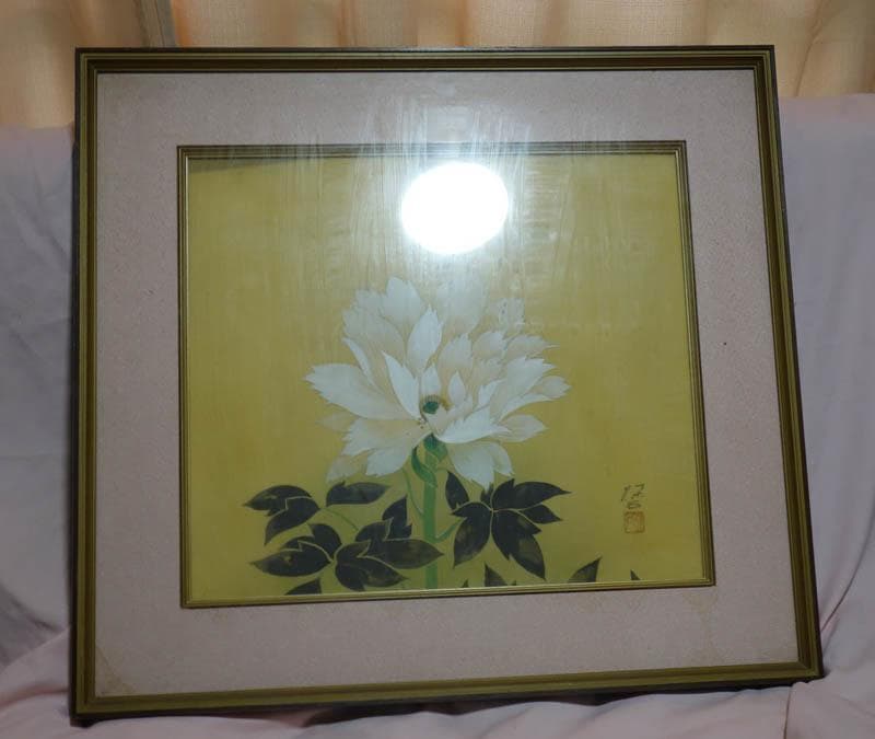 日本画　　花　牡丹　額装 額71cm×65ｃｍ 　美術品　深谷  2252