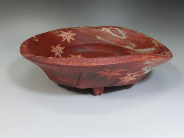 鉢■加藤正治作 赤志野 紅葉紋鉢 共箱 共布 美濃 三つ足 作家物 大鉢 平鉢■