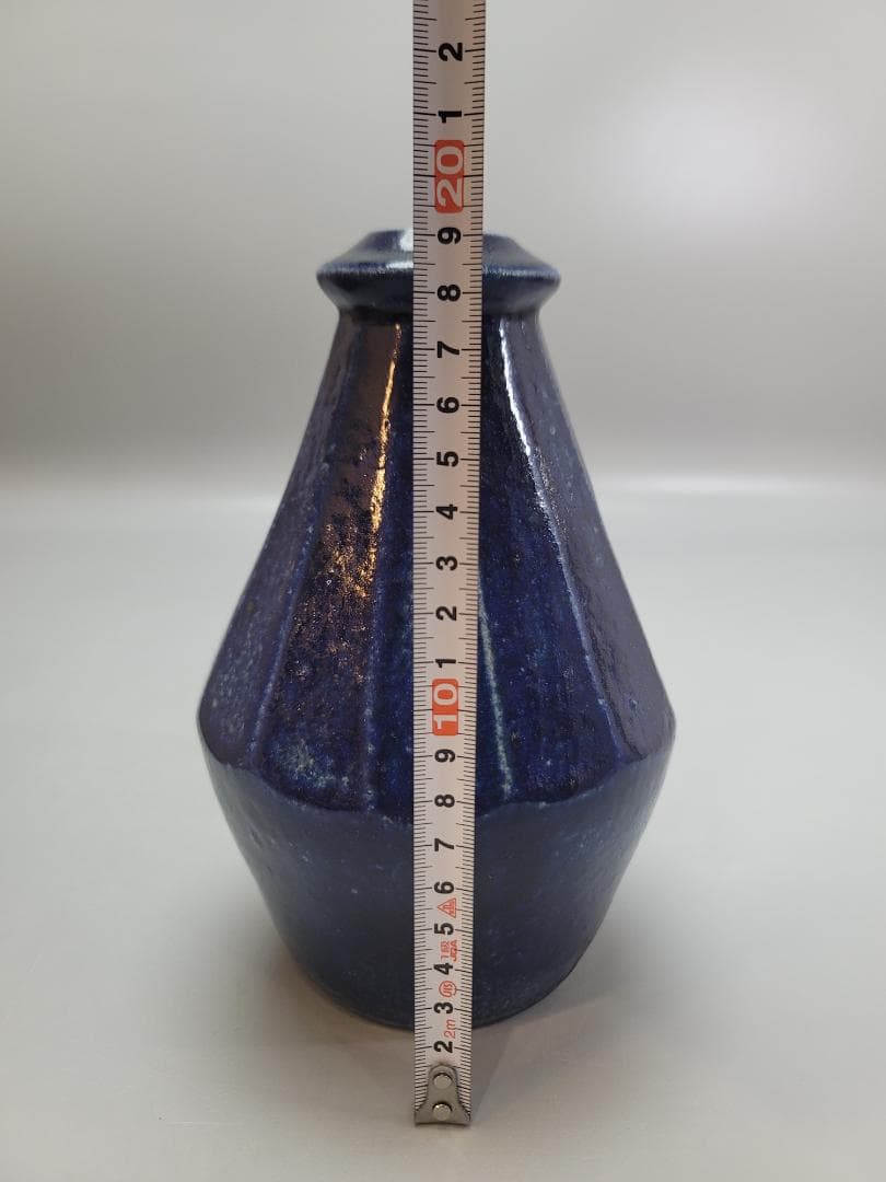 浜田晋作 作 藍釉面取 花瓶 共箱 DT544