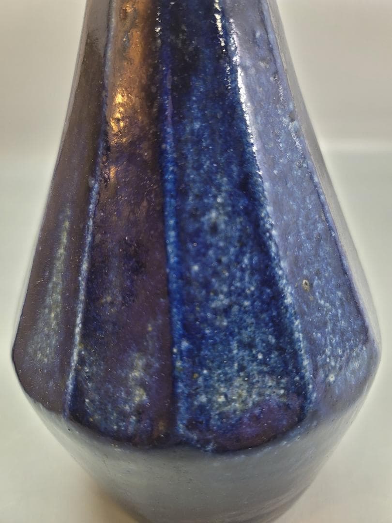 浜田晋作 作 藍釉面取 花瓶 共箱 DT544