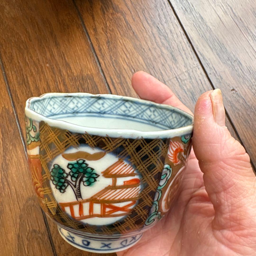 期間限定最終処分特価逸品古伊万里色絵蕎麦猪口　完品五客セット大きめ　素敵な雰囲気