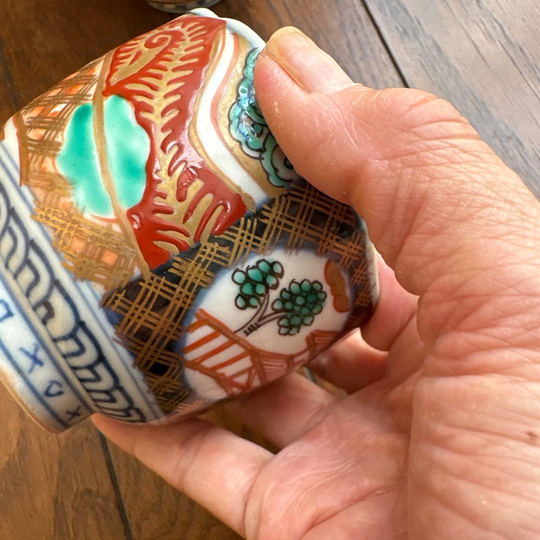 期間限定最終処分特価逸品古伊万里色絵蕎麦猪口　完品五客セット大きめ　素敵な雰囲気