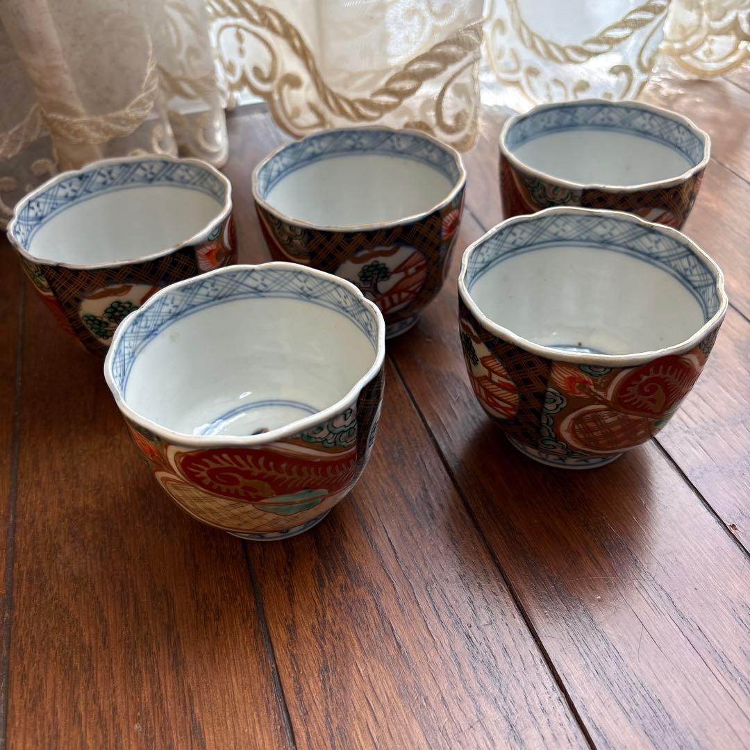 期間限定最終処分特価逸品古伊万里色絵蕎麦猪口　完品五客セット大きめ　素敵な雰囲気