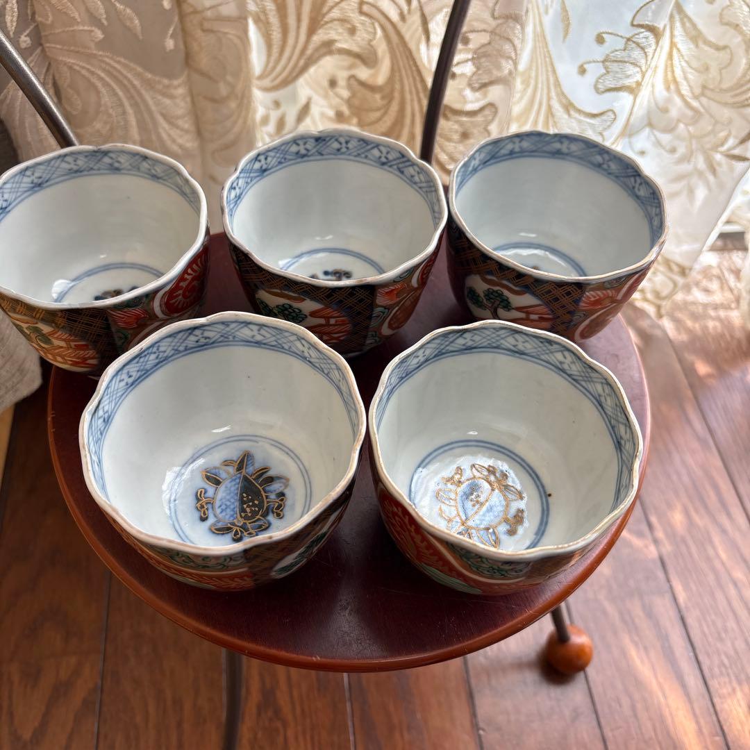 期間限定最終処分特価逸品古伊万里色絵蕎麦猪口　完品五客セット大きめ　素敵な雰囲気